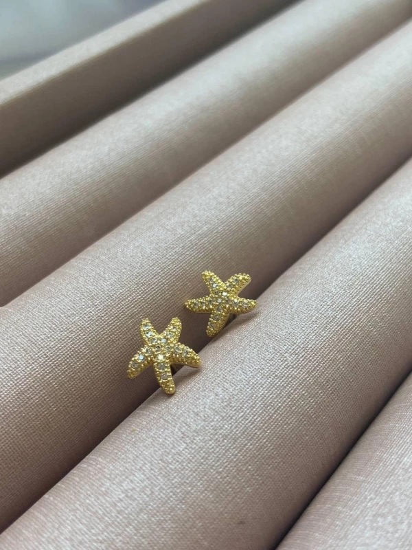 Brinco estrela do mar 0,6cm toda cravejada de zircônias cristais banhado ouro 18