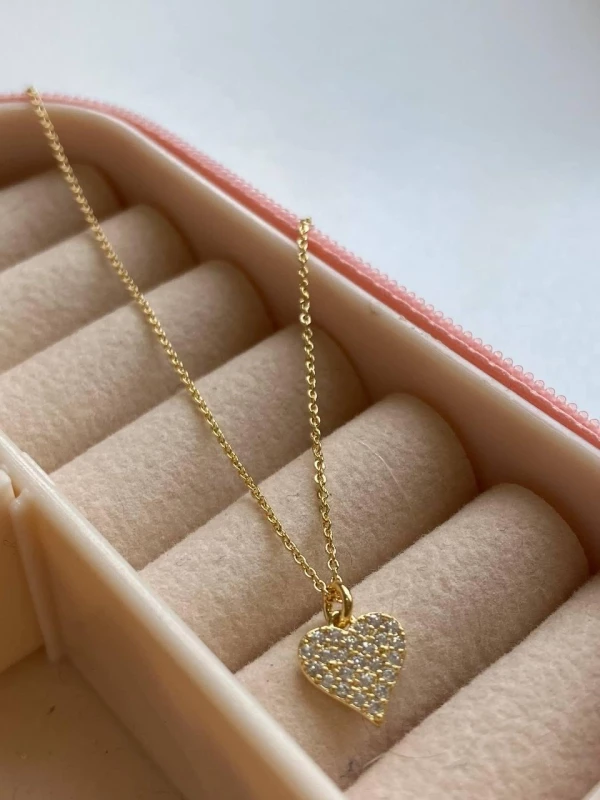 Colar 45cm mini elo português com coração chapinha 0,8cm todo cravejado de zircônias cristais banhado ouro 18